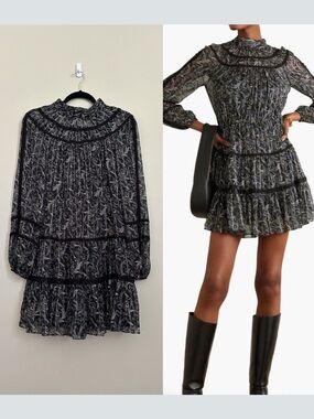 Veronica Beard Rahla Crochet Trimmed Paisley Print Metallic Silk Mini Dress Sz 2
